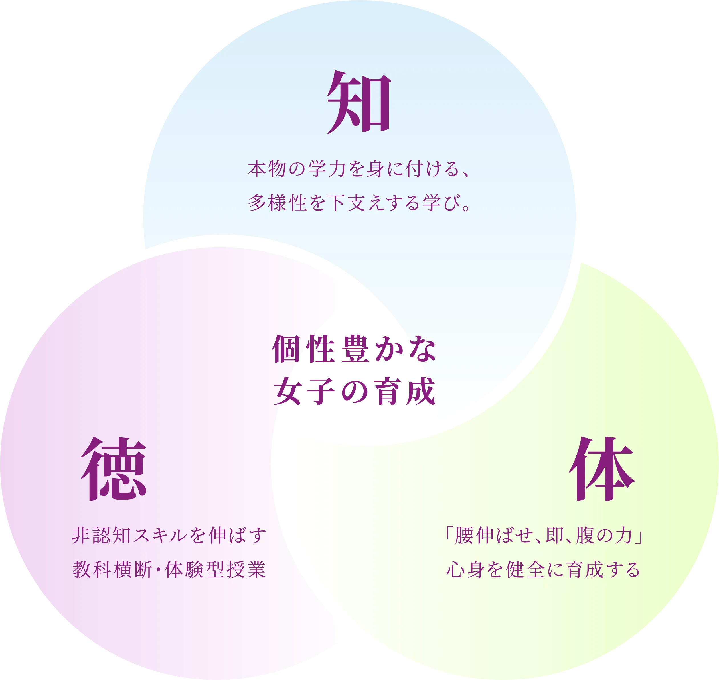 個性豊かな女子の育成 知 本物の学力を身に付ける、多様性を下支えする学び。 徳 非認知スキルを伸ばす教科横断・体験型授業 体 「腰伸ばせ、即、腹の力」心身を健全に育成する
